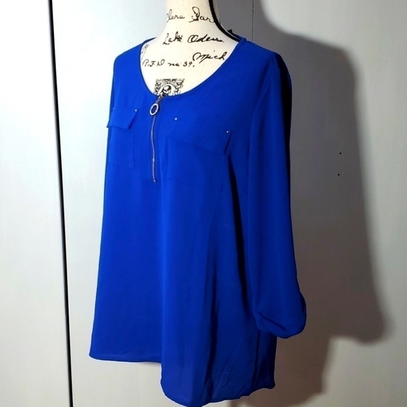 Cathy- Womens Royal blue Top Gold zipper front Pockets Roll tab sleeves Sz.XL - Picture 2 of 5
